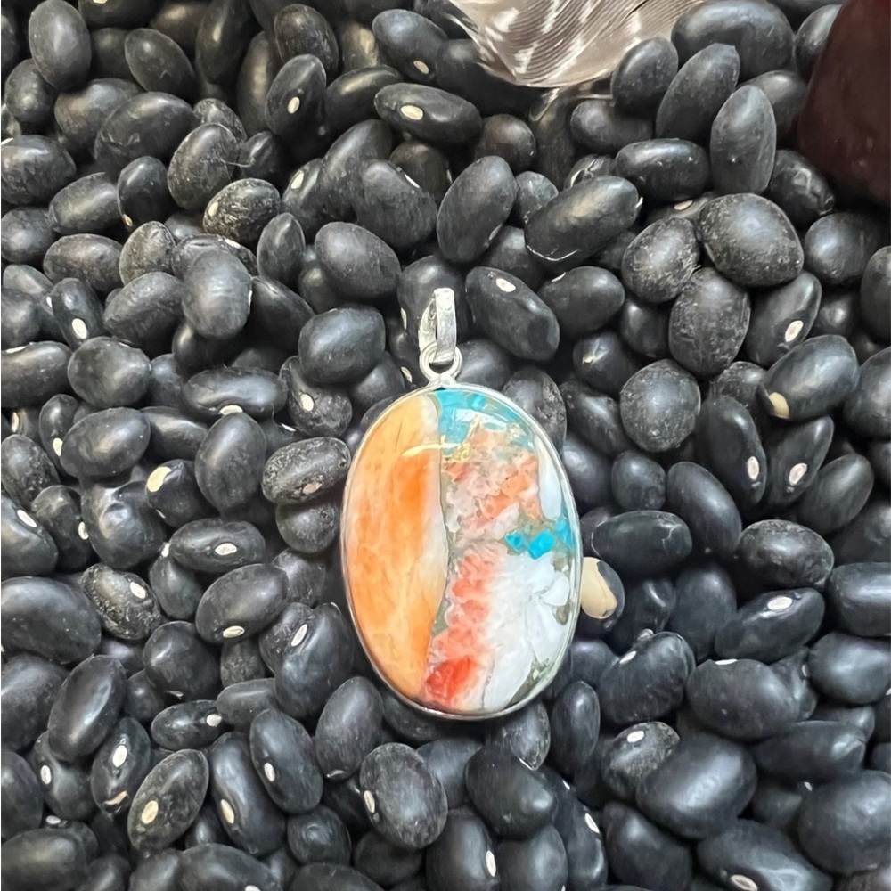 Sterling Silver Orange Spiny Turquoise Mojave Oval Pendant - Women Jewelry